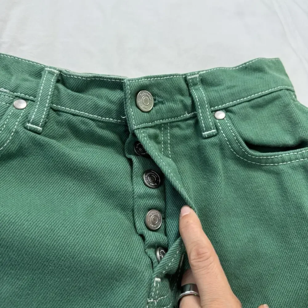 Reformation Cowboy High Rise Denim Mini Skirt Green‎ Size 25 Button Fly